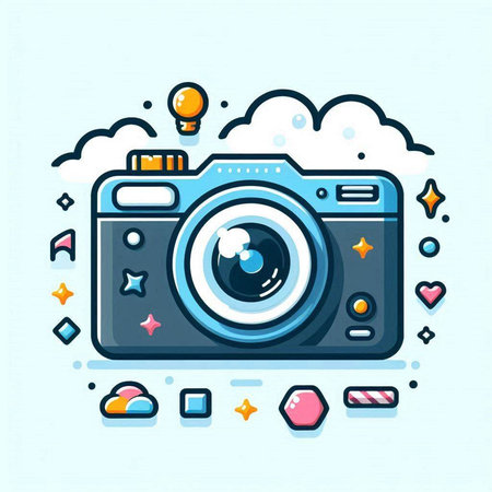 Vector illustration of modern flat line art icon of camera on blue backgroundのイラスト素材