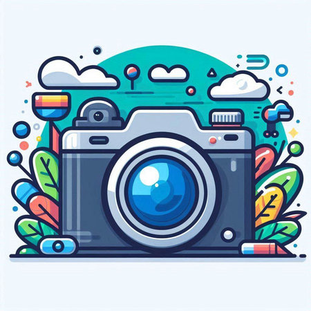 Vector illustration of a camera in flat line art style on white background.のイラスト素材