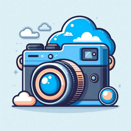 Vector illustration of a funny camera with clouds on the blue background.のイラスト素材