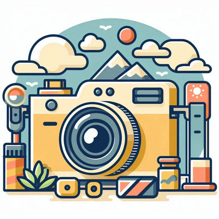 Vector illustration of retro camera in flat design style with different objects on background.のイラスト素材