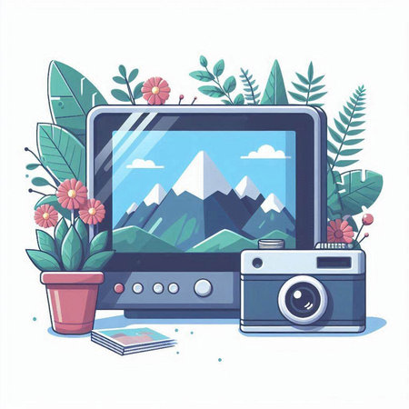 Photography and travel concept. Vector illustration in flat cartoon style.のイラスト素材