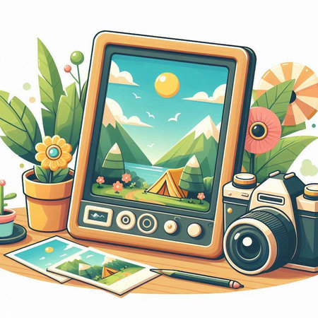 Tablet pc with camping equipment. Vector illustration in cartoon style.のイラスト素材