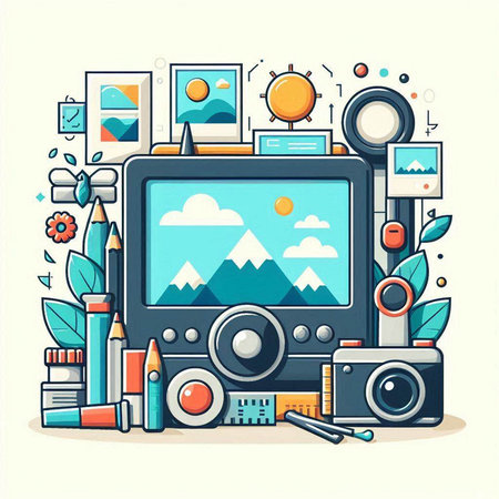 Flat design modern vector illustration concept of creative artistic workspace with camera, art supplies and objectsのイラスト素材