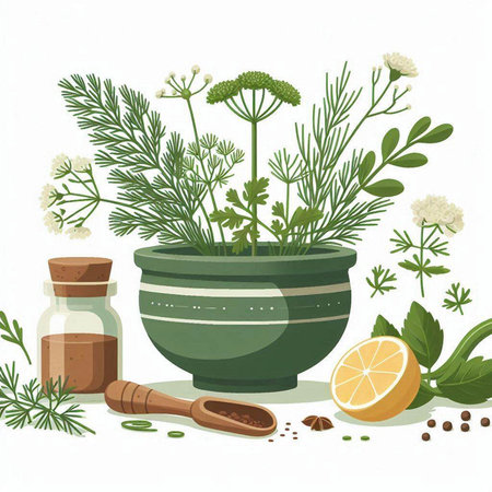 Herbs and spices in a mortar on a white background. Vector illustration.のイラスト素材