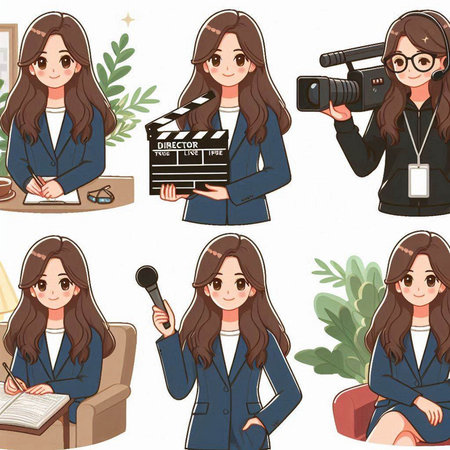 Illustration of a young woman holding a clapperboard and a cameraのイラスト素材