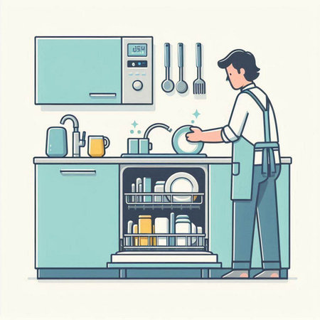 Man washing dishes in the kitchen. Vector illustration in flat style.のイラスト素材