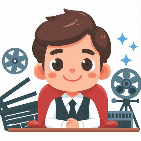 Cute boy sitting in front of movie projector. Vector illustration.のイラスト素材
