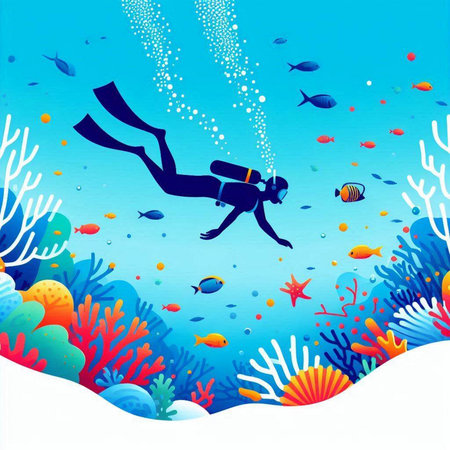 Scuba diving in the sea with coral reef. Vector illustration.のイラスト素材