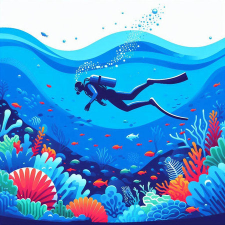 Scuba diver swimming in the sea. Underwater world. Vector illustration.のイラスト素材