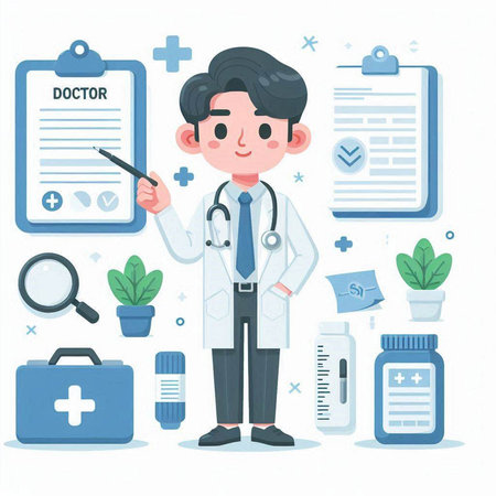 Doctor in white coat with stethoscope and clipboard. Vector illustration.のイラスト素材
