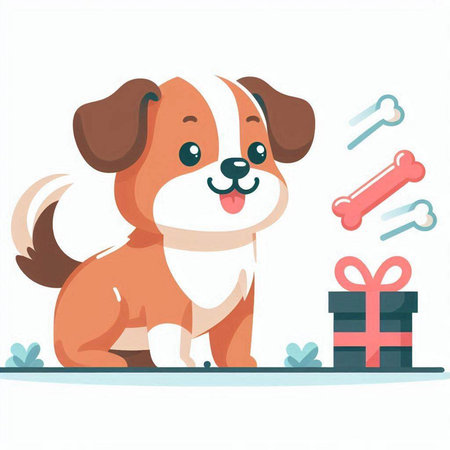 Cute cartoon dog with gift box and bone. Vector illustration.のイラスト素材