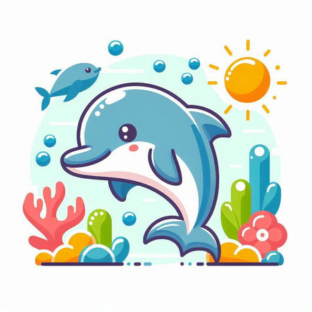 Cute cartoon dolphin character swimming on the sea. Vector illustration.のイラスト素材
