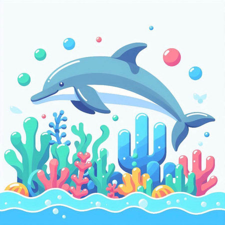 Cute cartoon dolphin swimming in the sea. Vector illustration for children.のイラスト素材