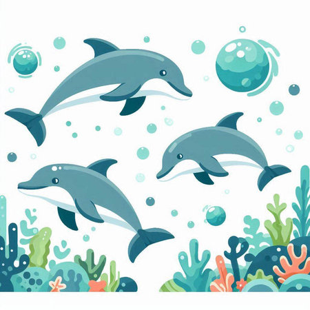 Set of cute dolphins swimming in the sea. Cartoon vector illustration.のイラスト素材