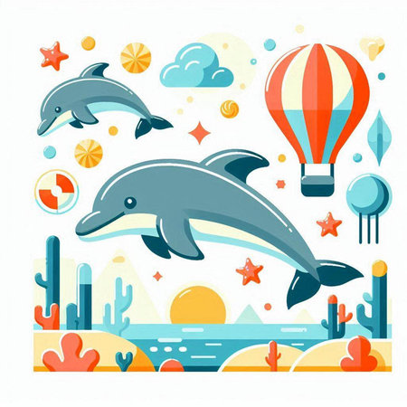 Dolphin and air balloon. Vector flat illustration of dolphin and air balloon in the sky.のイラスト素材