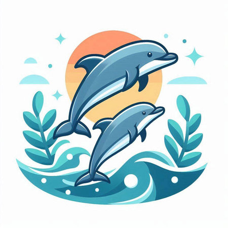 Two dolphins jumping out of the water. Vector illustration in flat style.のイラスト素材