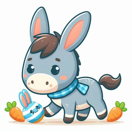 Cute cartoon donkey with easter egg and carrot. Vector illustration.のイラスト素材