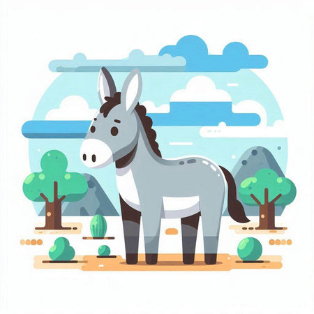 Donkey on the background of nature. Flat style vector illustration.のイラスト素材