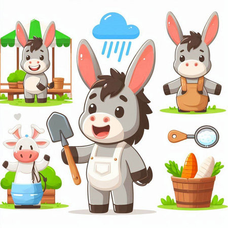 Donkey in the farm. Vector illustration of cartoon character with different poses.のイラスト素材