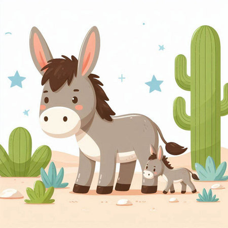 Illustration of a Cute Donkey and a Little Donkey in the Desertのイラスト素材