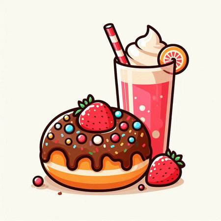 Chocolate donut and strawberry milkshake, vector illustration.のイラスト素材