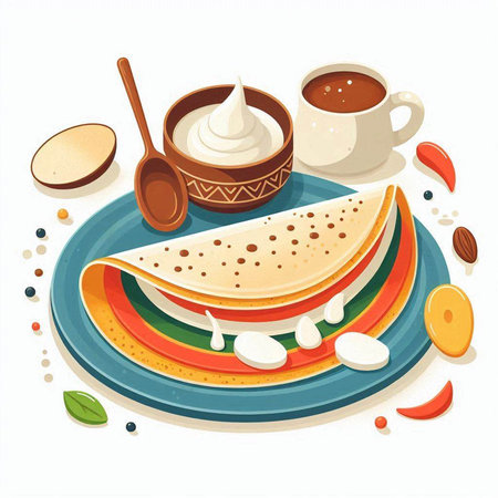 Pancakes with sour cream and spices on a plate. Vector illustration.のイラスト素材