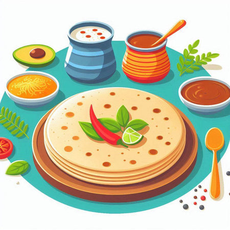 Illustration of a tortilla with ingredients on the table in a restaurantのイラスト素材