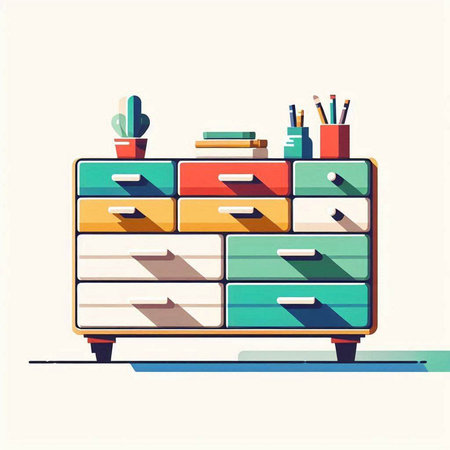 Drawer with books and pencils. Vector illustration in flat styleのイラスト素材