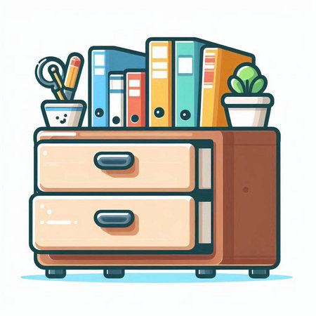 Office cabinet with books and office supplies. Vector illustration in cartoon styleのイラスト素材