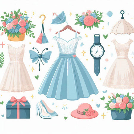 Cute set of wedding dress and accessories. Vector illustration in retro style.のイラスト素材