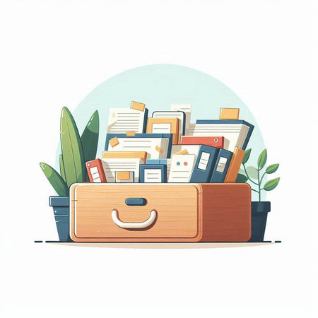 Cartoon office briefcase with documents and folders. Vector illustration.のイラスト素材