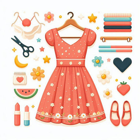 Set of clothes and accessories for girl. Vector illustration in flat styleのイラスト素材
