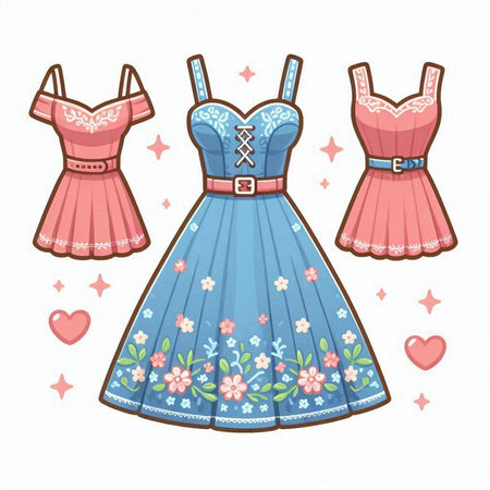 Vector illustration of a set of beautiful women's dresses with embroidery.のイラスト素材