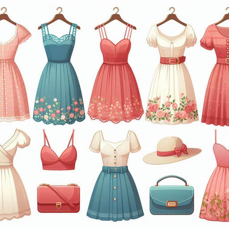 Illustration of a set of dresses and accessories on a white backgroundのイラスト素材