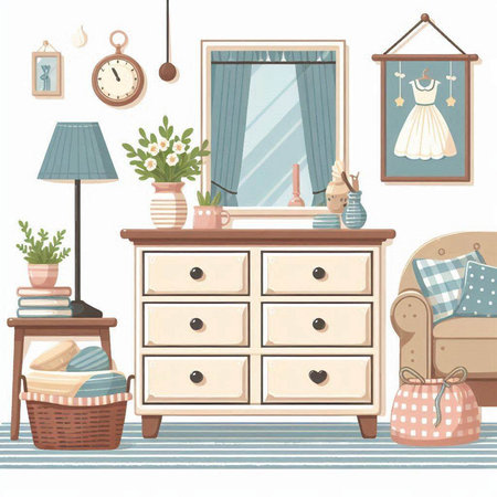 Illustration of a living room interior with a chest of drawersのイラスト素材