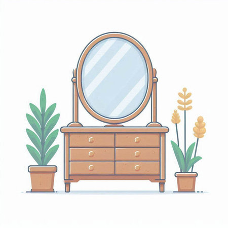 Vector illustration of a dressing table with a mirror and a plant.のイラスト素材