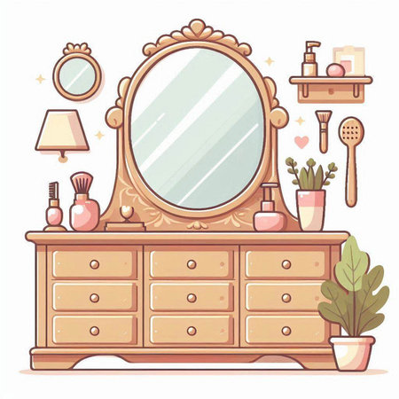 Vector illustration of a dressing table with a mirror, cosmetics and a potted plant.のイラスト素材