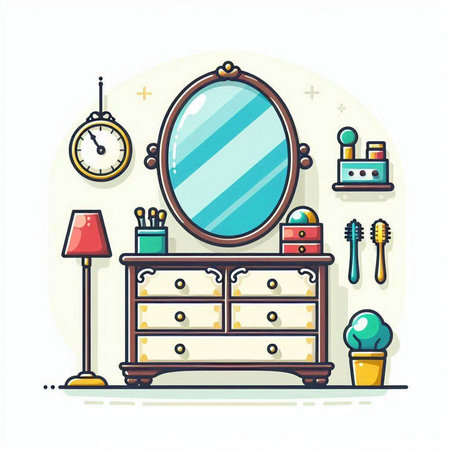 Vector illustration of a dressing table with mirror, toothbrushes, mirror, lamp and other objects.のイラスト素材