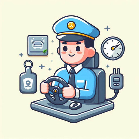 Pilot with steering wheel in hand. Vector illustration in cartoon style.のイラスト素材