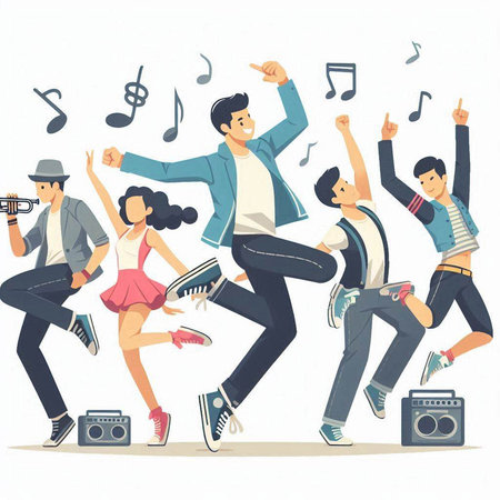 Happy dancing people. Vector illustration in flat cartoon style on white background.のイラスト素材