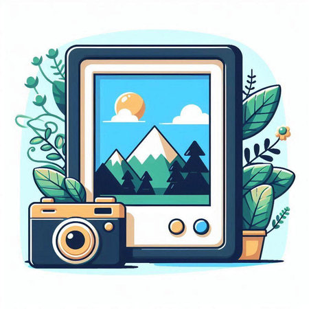 Smartphone with photo frame, camera and plants. Vector illustration.のイラスト素材