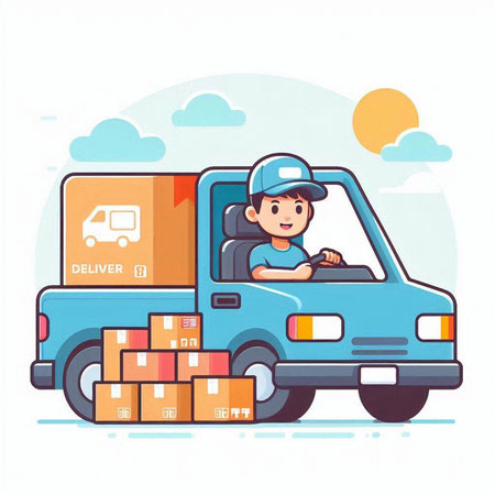 Delivery man driving a truck with boxes. Vector illustration in flat styleのイラスト素材