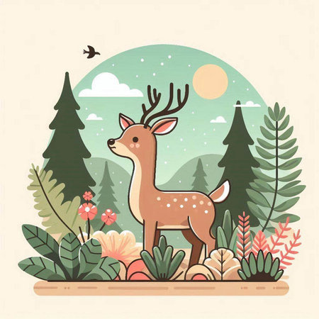 Deer in the forest. Vector illustration in a flat style.のイラスト素材