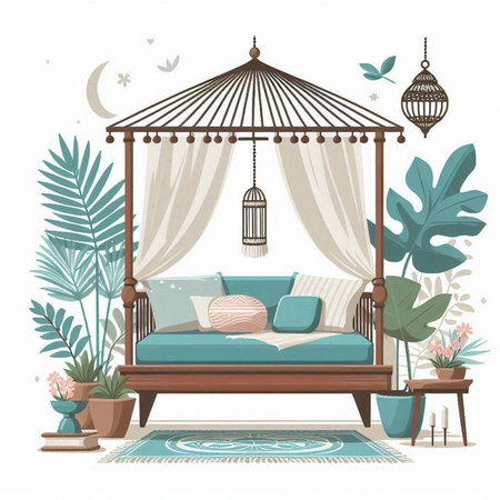 Vector illustration of a cozy room with a swing and a hammockのイラスト素材