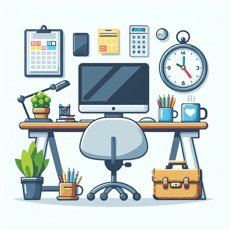 Office workplace. Workplace with computer and office supplies. Vector illustrationのイラスト素材