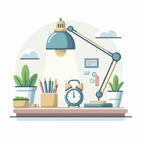 Office workplace. Vector illustration in flat design style. Workplace with table lamp, alarm clock, coffee cup, pencils, plant in pot.のイラスト素材
