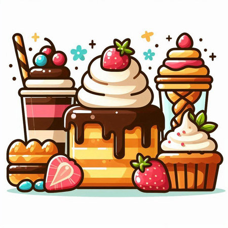 Cupcake with ice cream and berries. Vector cartoon illustration.のイラスト素材