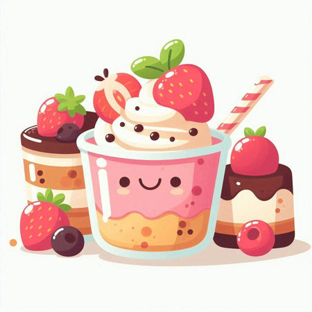 Vector illustration of a cup of ice cream with strawberries and blueberriesのイラスト素材