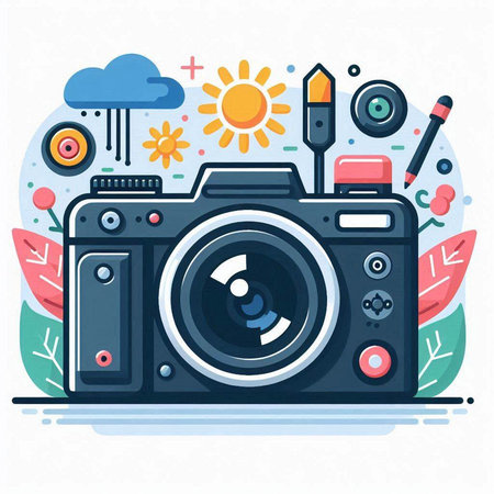 Photography concept. Vector illustration in flat design. Camera, camera, camera, brush, sun, cloud.のイラスト素材