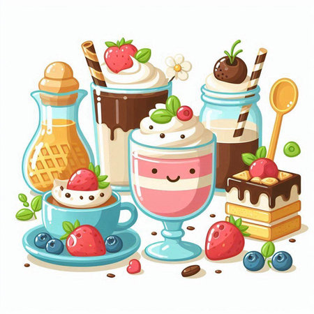 Cute cartoon ice cream dessert with fruits and berries. Vector illustration.のイラスト素材
